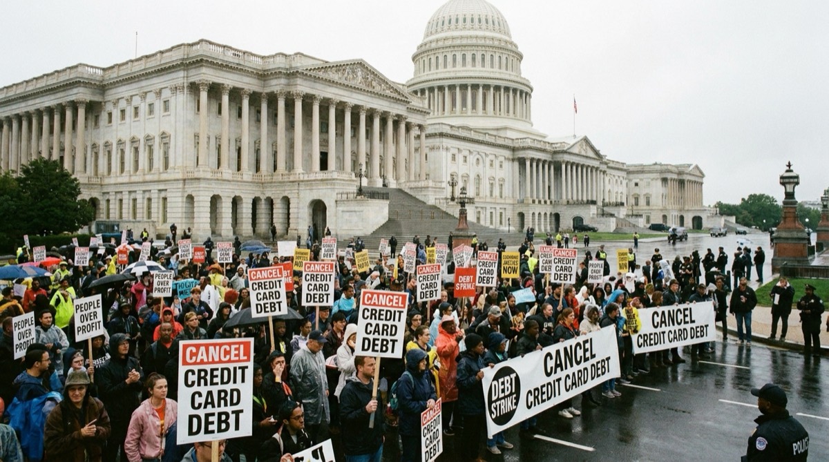 Demonstrators holding signs about credit card debt